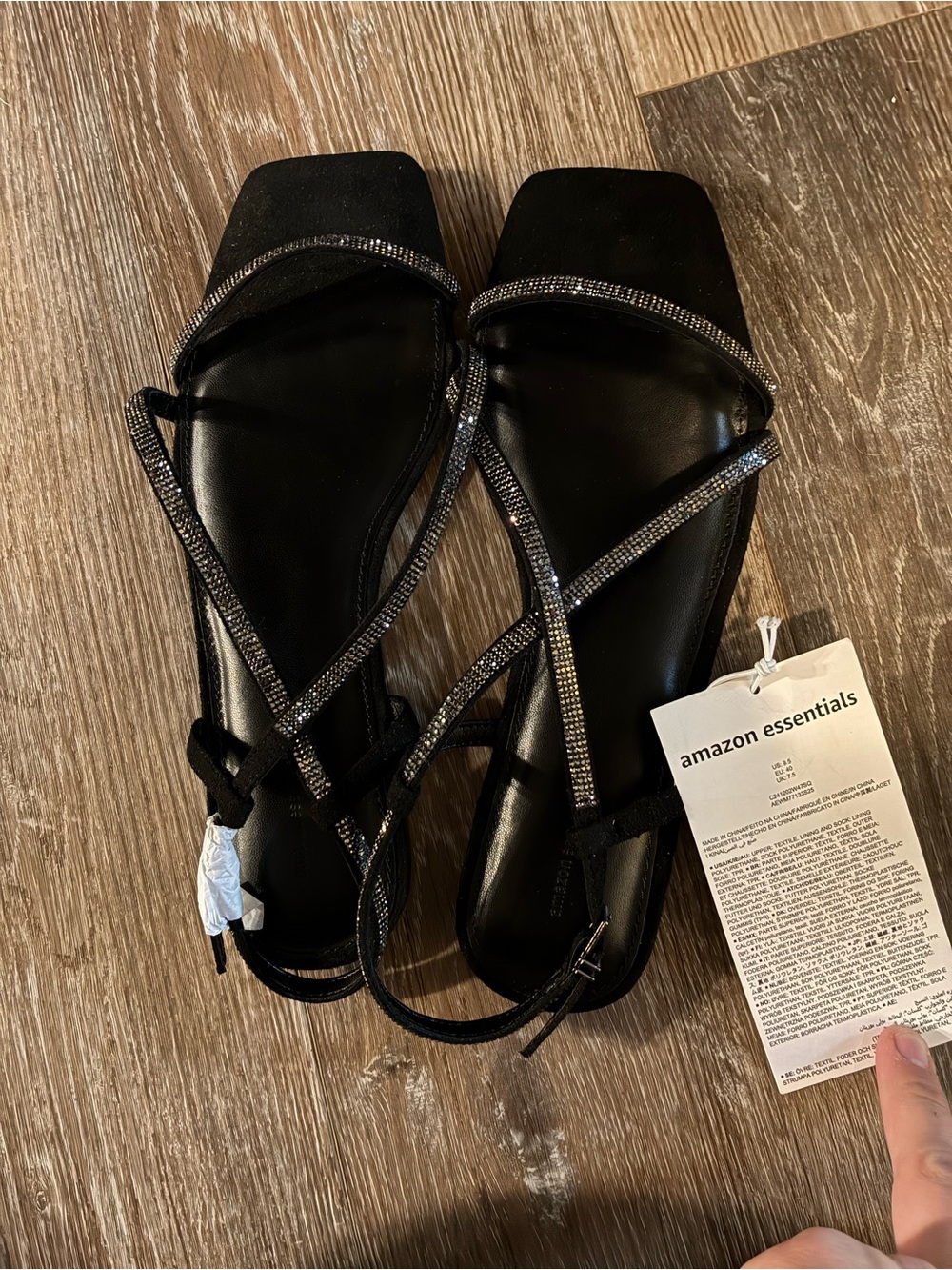 Amazon Essentials Black Strappy Rhinestone Flat Sandals